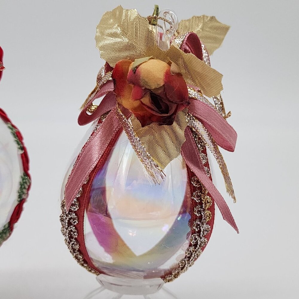 Handmade Glass Christmas Ornaments Red & Gold Ribbon Roses Berries Leaves - Picture 3 of 8